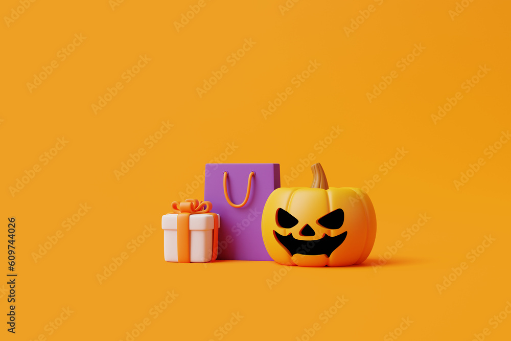 Jack-o-Lantern pumpkin, gift box and shopping bag on orange background. Happy Halloween concept. Traditional october holiday. 3d rendering illustration
