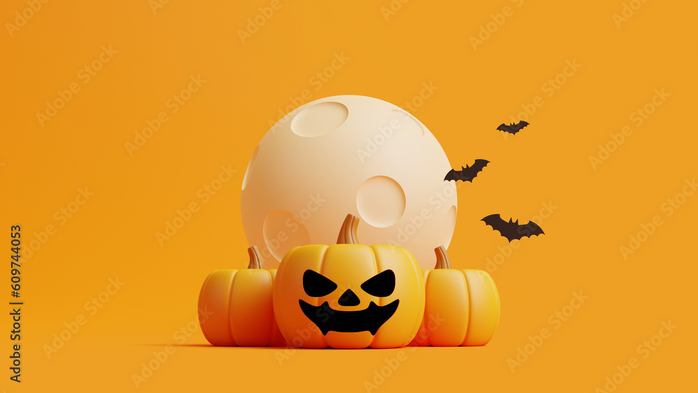Fototapeta premium Jack-o-Lantern pumpkins and bats under the moon on orange background. Happy Halloween concept. Traditional october holiday. 3d rendering illustration