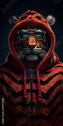 rapper tiger with glasses and style  rapper outfit  generative ai