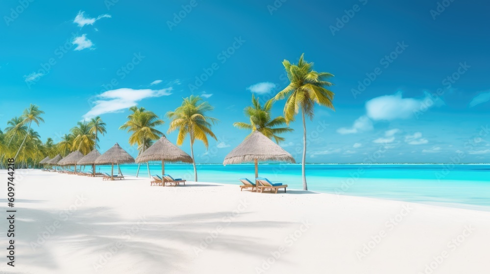 Panorama beautiful beach with white sand, turquoise ocean and blue sky with clouds on Sunny day. Summer tropical landscape with palm trees and Straw umbrellas with empty copy space - generativ AI
