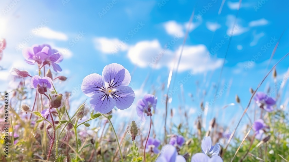 Beautiful wild flowers chamomile, purple wild peas, butterfly in morning haze in nature close - up macro. Landscape wide format, copy space, cool blue tones - generative AI