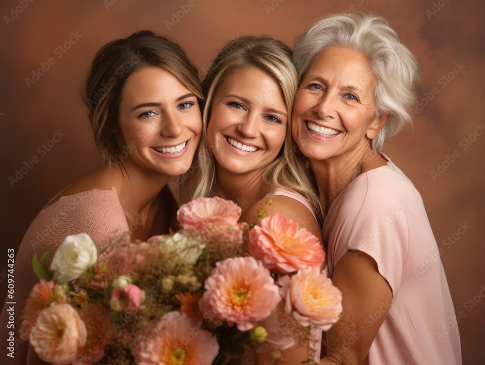 family portrait of senior mother and two adult daughters. AI generative family portrait of senior mother and two adult daughters. AI generative