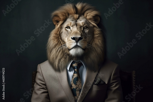 Portrait of a Lion dressed in a formal business suit  created with generative AI