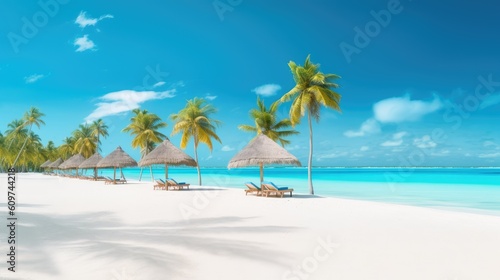 Panorama beautiful beach with white sand  turquoise ocean and blue sky with clouds on Sunny day. Summer tropical landscape with palm trees and Straw umbrellas with empty copy space - generativ AI