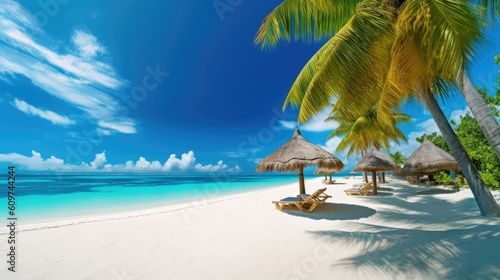 Panorama beautiful beach with white sand  turquoise ocean and blue sky with clouds on Sunny day. Summer tropical landscape with palm trees and Straw umbrellas with empty copy space - generativ AI
