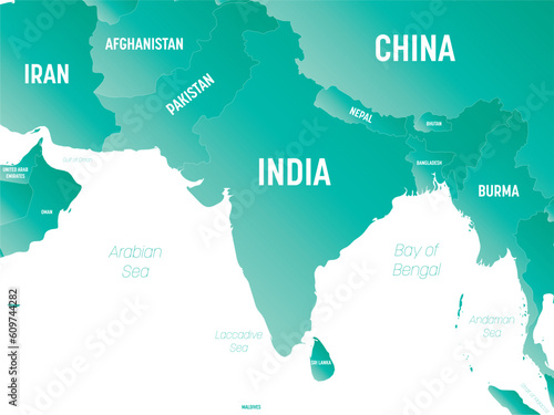 South Asia - high detailed political map of southern asian region and Indian subcontinent with country, ocean and sea names labeling.