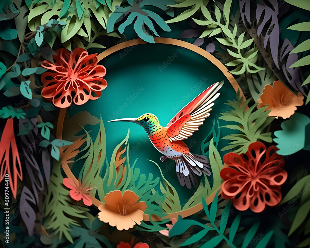 Fototapeta premium hummingbird paper art, flowers and nature, generative ai