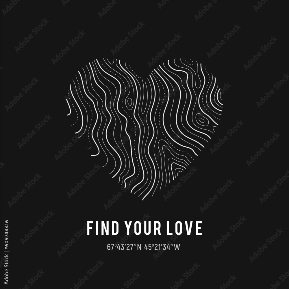 Heart logo of topographic line map. Wood rings, vector line pattern of shape countour. Outline pattern for outdoor logo templates. Contours of tree, concepts for geographic logotype.