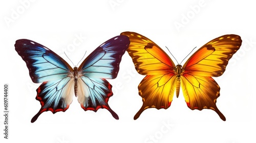Two beautiful colorful bright multicolored tropical butterflies with wings spread and in flight isolated on white background, close - up macro - generative AI