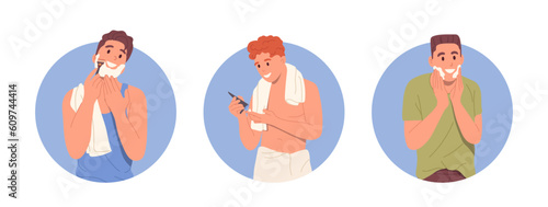 Everyday skin care routine beauty procedure for man set of cartoon round avatar composition