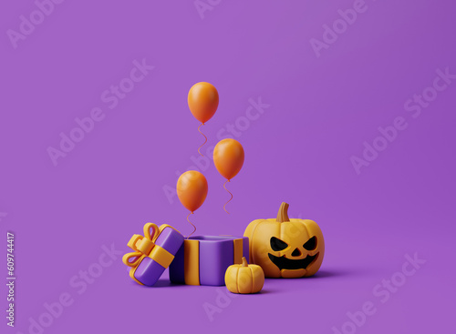 Opened gift box with balloons and Halloween Jack-o-Lantern pumpkins on purple background. Happy Halloween concept. Traditional october holiday. 3d rendering illustration