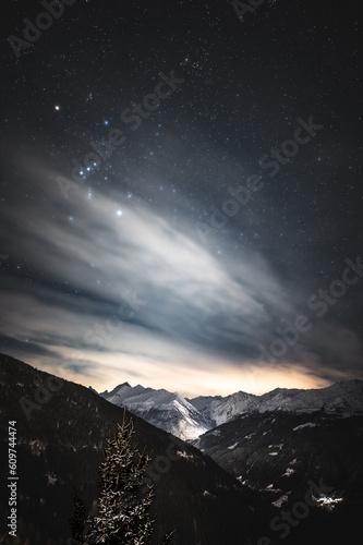 Stars over alpine valley of Anniviers