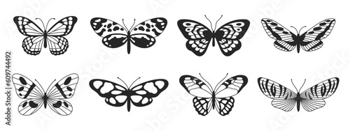 Butterfly fifth set of black and white wings in the style of wavy lines and organic shapes. Y2k aesthetic, tattoo silhouette, hand drawn stickers. Vector graphic in trendy retro 2000s style.