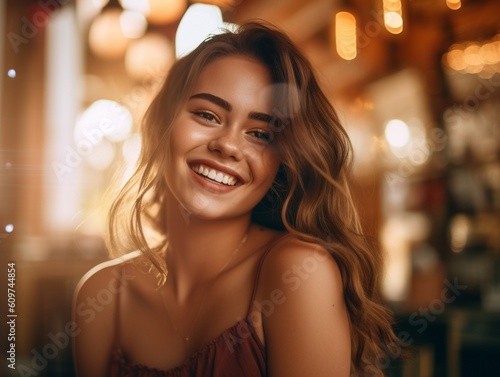 Portrait of beautiful american woman smiling. Outdoor portrait of a smiling long-haired girl. Happy cheerful girl laughing at park. AI generative