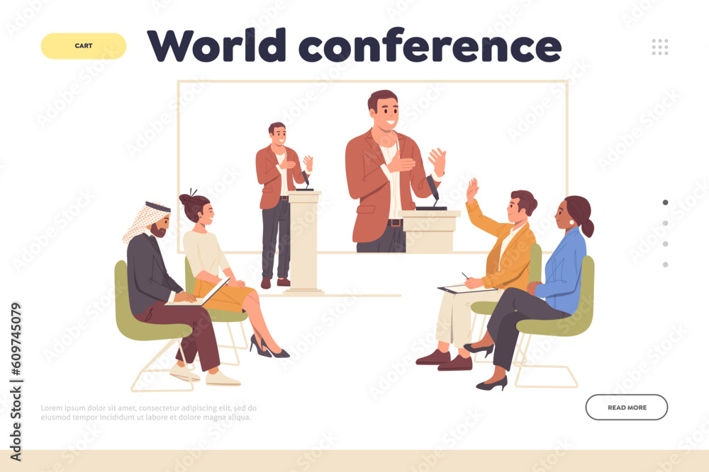 World conference landing page with spokesman and international audience discussing business question World conference landing page with spokesman and international audience discussing business question
