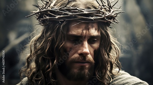 close up Jesus Christ face wearing thorn crown, Generative Ai