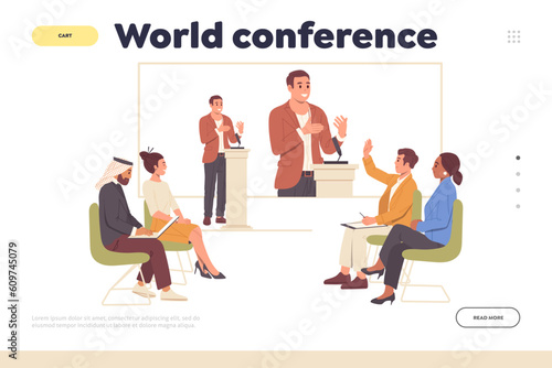 World conference landing page with spokesman and international audience discussing business question