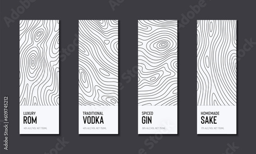 Alcohol label set of topographic line map. Wood rings, vector line pattern of shape countour. Outline pattern for brand logo templates. Contours of tree, concepts for bottle labels or banners.