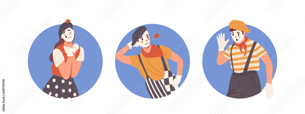 Set of isolated round frame icons with cute male and female mime artistic cartoon characters
