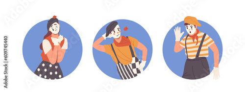 Set of isolated round frame icons with cute male and female mime artistic cartoon characters photo