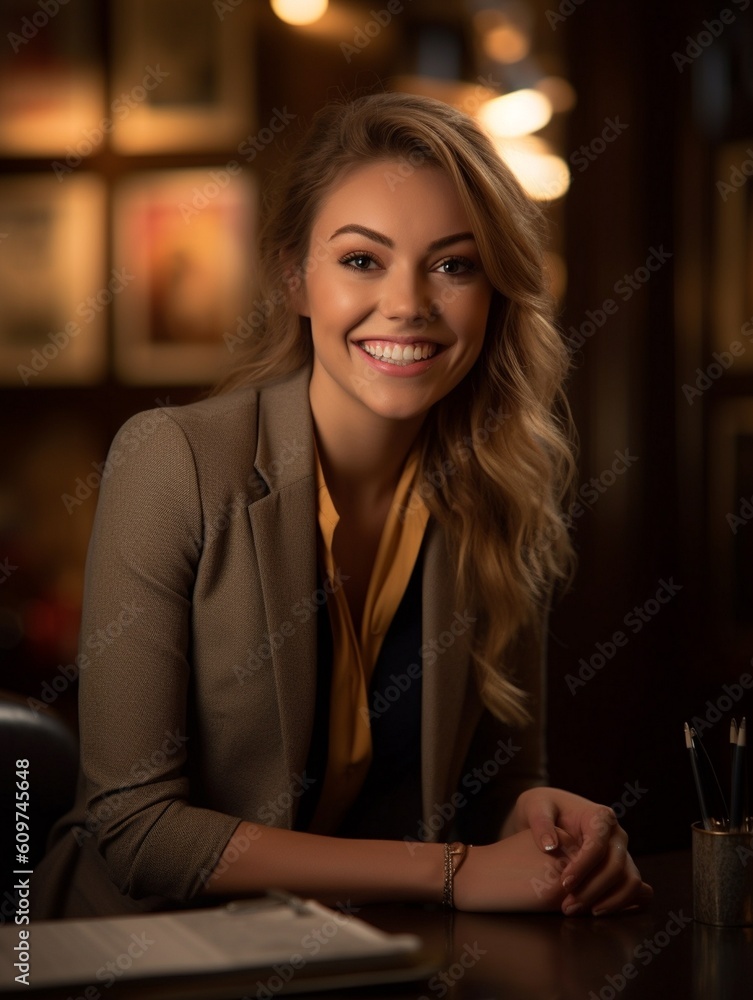 portrait of smiling young 30s businesswoman posing in modern office. happy female employee or worker show leadership and success at workplace. Employment concept. AI generative