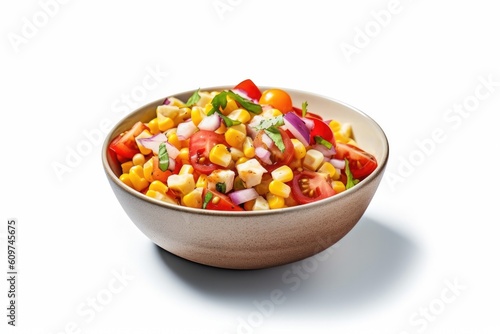 Delicious Bowl of Corn Salad with Tomatoes and Basil Isolated on a White Background. Generative AI