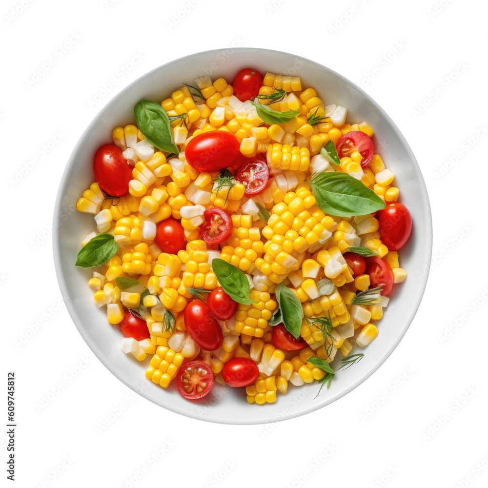 Delicious Bowl of Corn Salad with Tomatoes and Basil Isolated on a Transparent Background. Generative AI Delicious Bowl of Corn Salad with Tomatoes and Basil Isolated on a Transparent Background. Generative AI