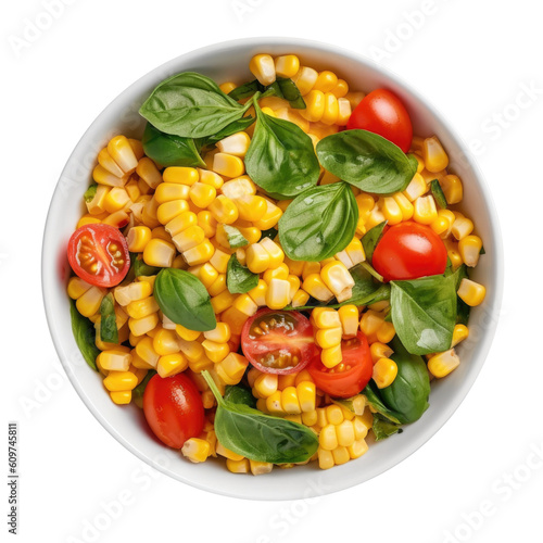 Delicious Bowl of Corn Salad with Tomatoes and Basil Isolated on a Transparent Background. Generative AI