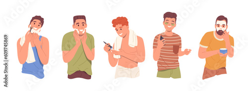 Set of happy young man characters applying hygiene skin care and aftershave cosmetics products