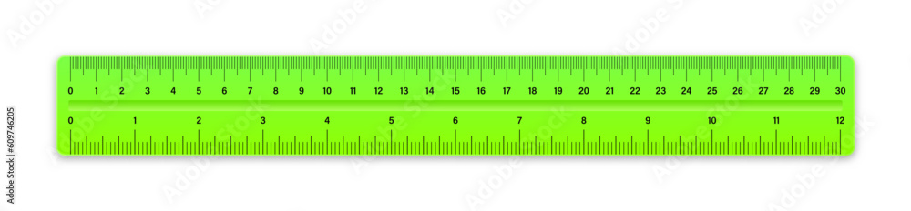 Realistic green plastic ruler with measurement scale and divisions, measure marks. School ruler, centimeter and inch scale for length measuring. Office supplies. Vector illustration