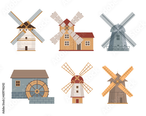 Set of stone and wooden mills isolated on white background. Traditional farm buildings for grinding wheat grains to flour. Dutch or netherland wind and water mill. Vector illustrations.