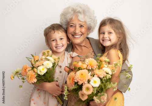 Happy grandmother with affectionate grandchildren. Studio shot. mothers day concept. AI generative