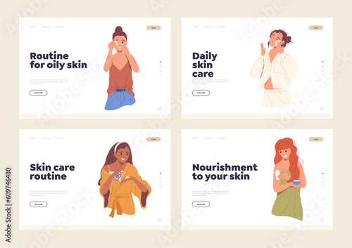 Landing page set offering natural organic cosmetics for young female dry or oily skin care