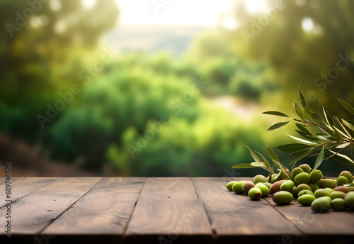 Wooden table with olives fruits and free space on nature blurred background. Generated AI.