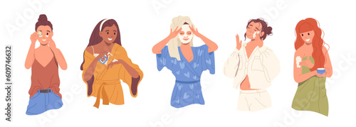 Set of beautiful woman cartoon characters applying cosmetics face or body skin care product
