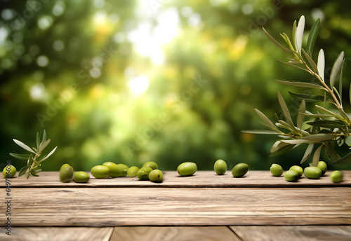 Wooden table with olives fruits and free space on nature blurred background. Generated AI.