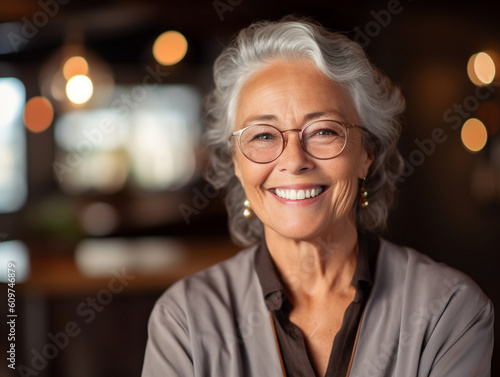 Smiling confident stylish Old senior businesswoman, 60s gray-haired lady executive business leader manager looking at camera, AI generative portrait.