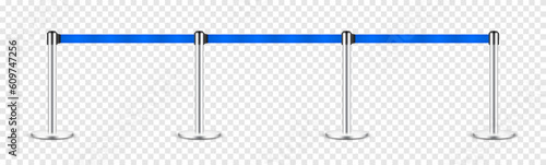 Realistic blue retractable belt stanchion. Crowd control barrier posts with caution strap. Queue lines. Restriction border and danger tape. Attention, warning sign. Vector illustration