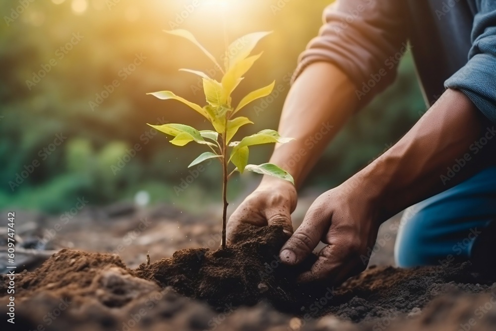 Fototapeta premium Hand Planting Tree, World Save Life, and Plant a Tree. Generative ai