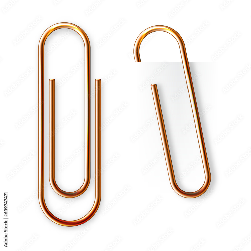 Realistic copper paperclip attached to paper isolated on white background. Shiny metal paper clip, page holder, binder. Workplace office supplies. Vector illustration Realistic copper paperclip attached to paper isolated on white background. Shiny metal paper clip, page holder, binder. Workplace office supplies. Vector illustration