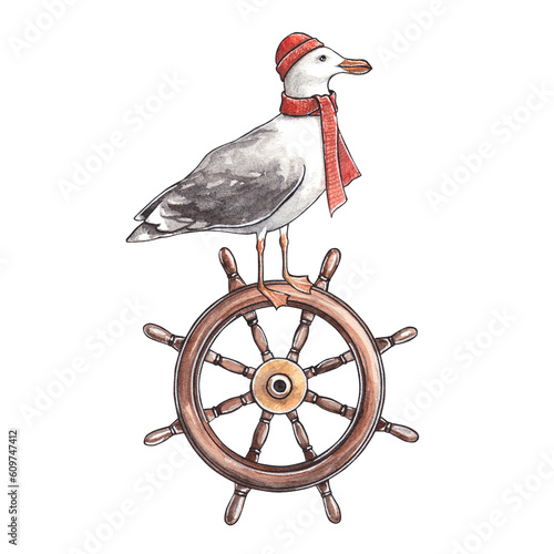 Seagull on the helm. Watercolor hand drawn illustration of a sea gull sits on the steering wheel. Clipart for postcards and invitations to the holidays in a marine style.