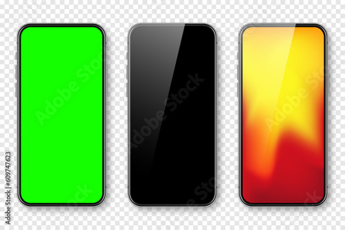 Smartphone with blank touch screen and abstract colorful wallpaper, green chroma key background. Frameless mobile phone in front view. High quality detailed device mockup. Vector illustration