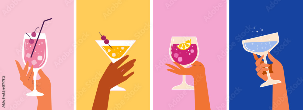 Modern flat summer party poster and social media story design templates. Colorful backgrounds with hands holding cocktail glasses. Celebration poster concept and web banner. - obrazy, fototapety, plakaty 