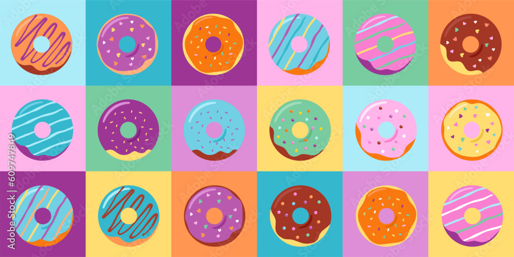 Donuts colorful pattern, background and illustrations collection Donuts colorful pattern, background and illustrations collection