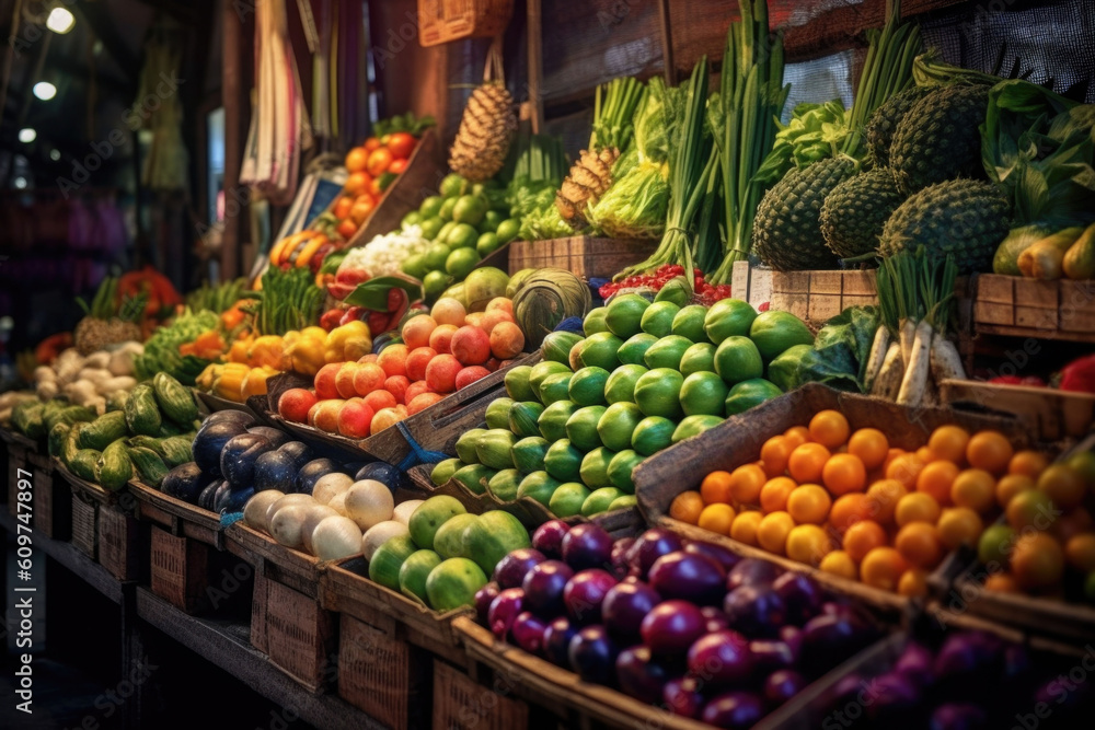 A bustling fresh market with rows of colorful fruits and vegetables. Generative AI