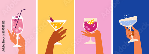 Modern flat summer party poster and social media story design templates. Colorful backgrounds with hands holding cocktail glasses. Celebration poster concept and web banner.