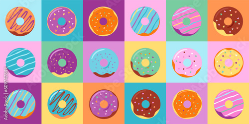 Donuts colorful pattern, background and illustrations collection