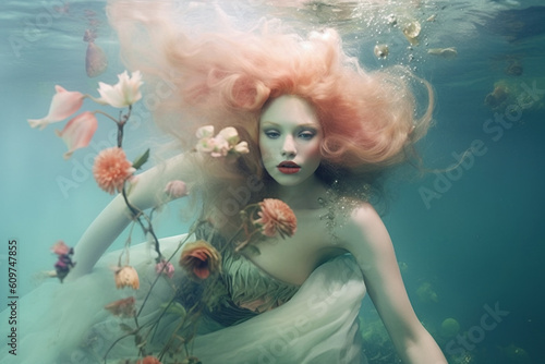 Beautiful mermaid under water. AI generated image. photo