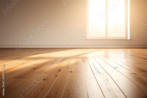 Living room with sunlight shine through a sliding door  wooden floor  white wall. Generative AI