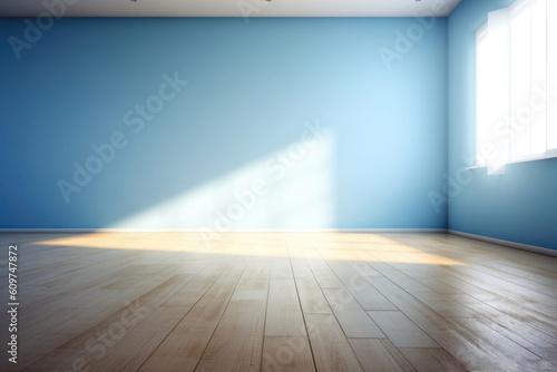 Living room with sunlight shine through a sliding door, wooden floor, blue wall. Generative AI